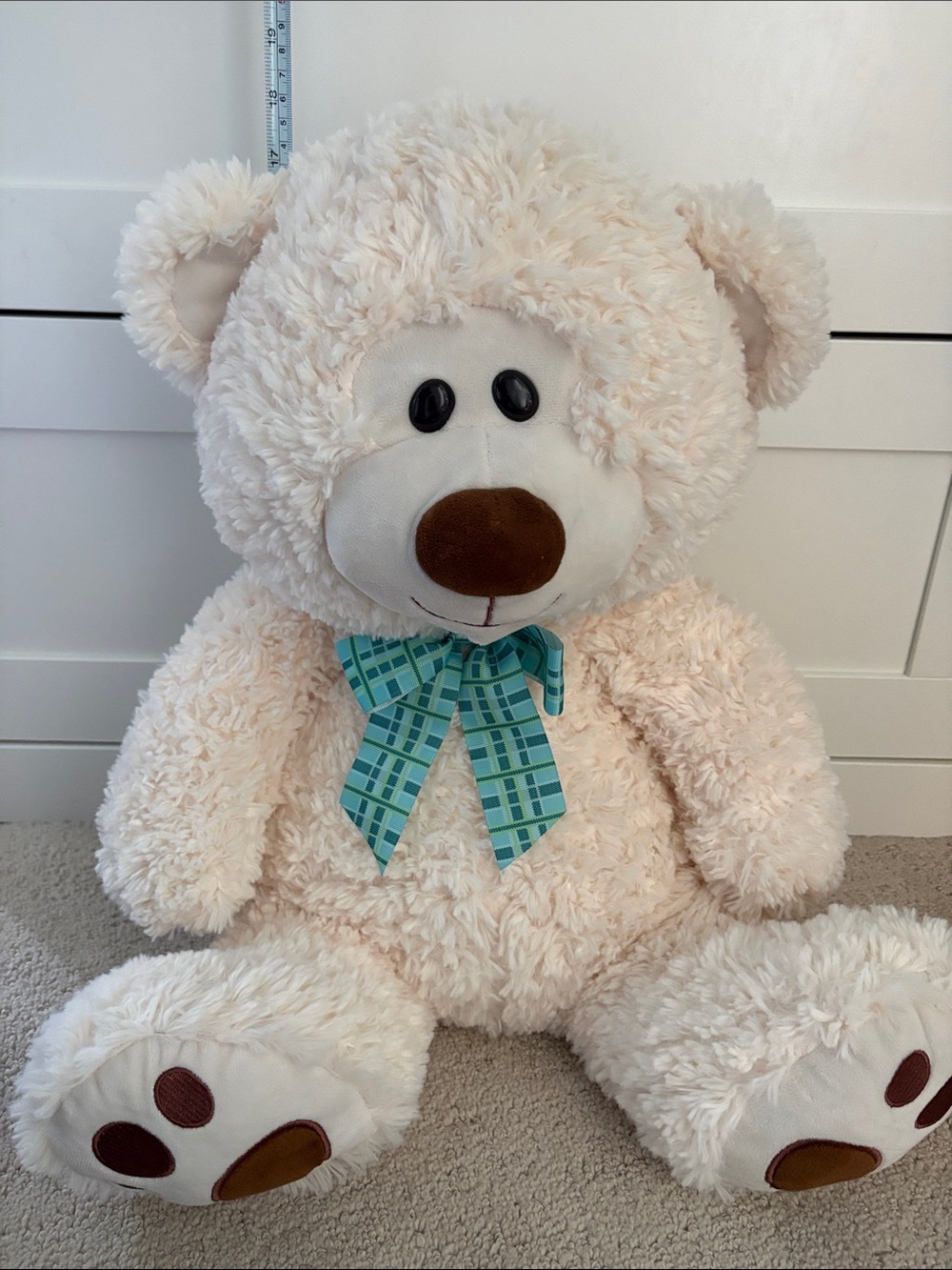 Plush Cream Teddy Bear with Teal Plaid Bow